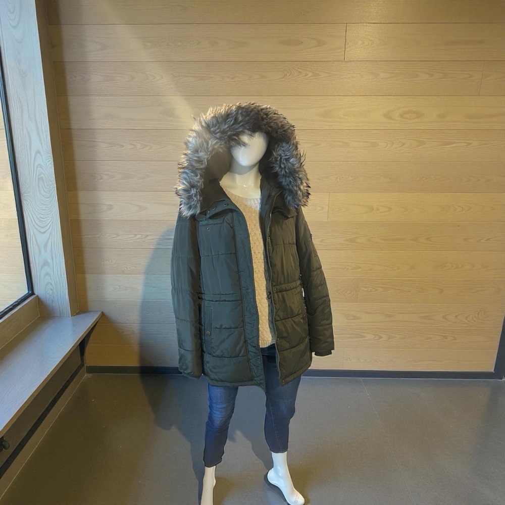 Lucky Brand Dark Green Puffer Jacket with Fur Hood